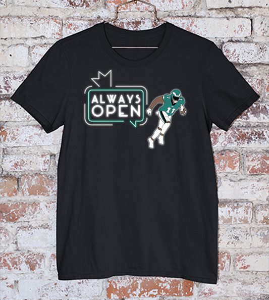 AJ Brown - Neon sign says always open on black tee