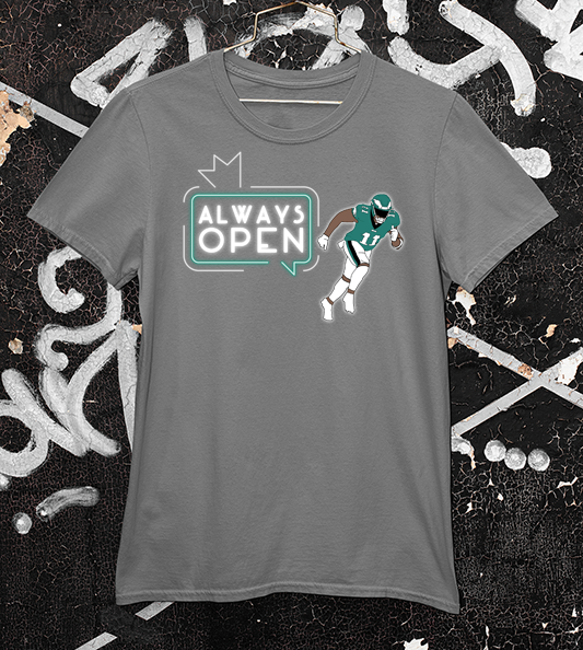 AJ Brown - Neon sign says always open on dark grey tee