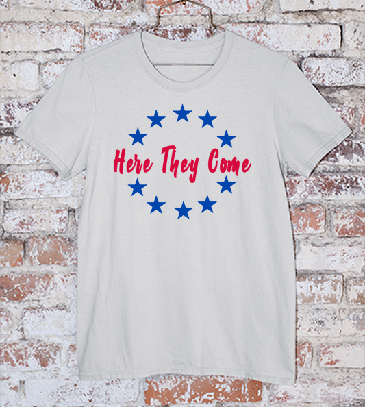 Sixers Here They Come Slogan on a Grey Tee