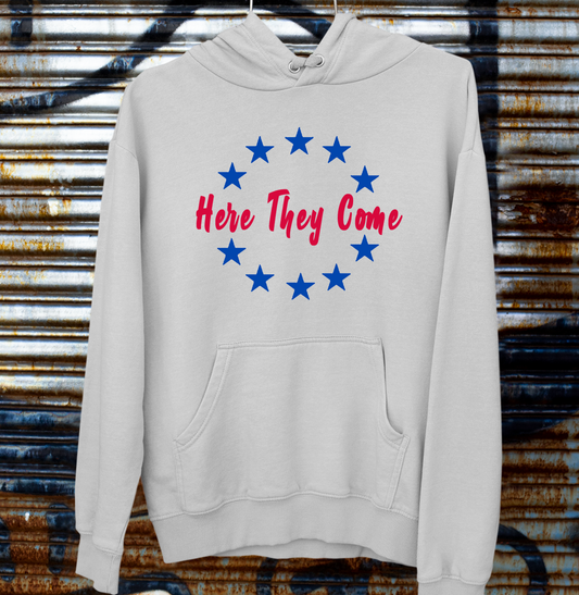 Sixers Here They Come Slogan on a Grey Hoodie