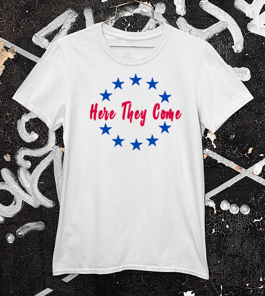 Sixers Here They Come Slogan on a White Tee