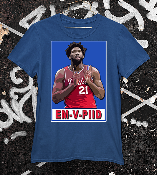 Joel Embiid MVP navy blue shirt