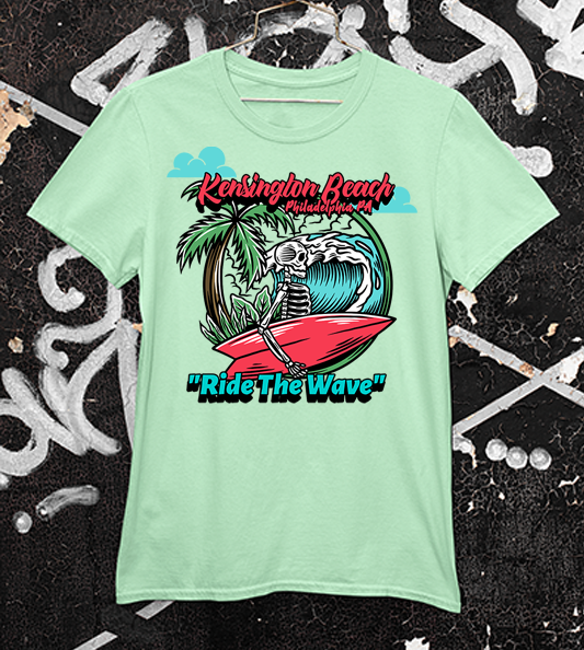 Kensington Beach Skeleton Surfer on Mint Green Tee