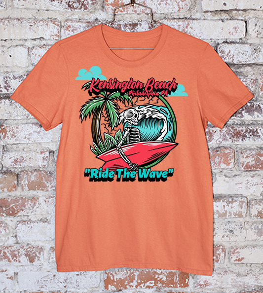 Kensington Beach Skeleton Surfer on Orange Tee