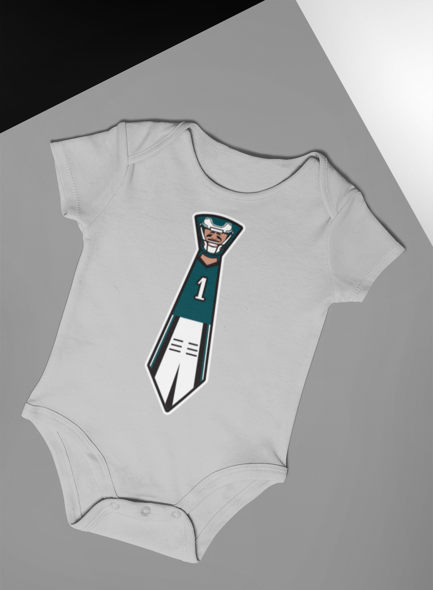 Eagles grey onsie with Jalen Hurts tie