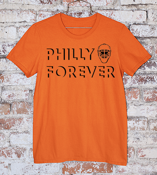 Flyers Philly Forever in black ink on a dark orange tee