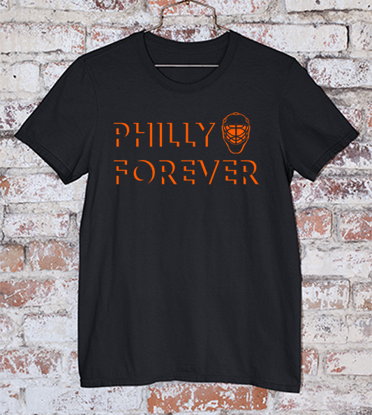 Flyers Philly Forever in orange ink on a black tee