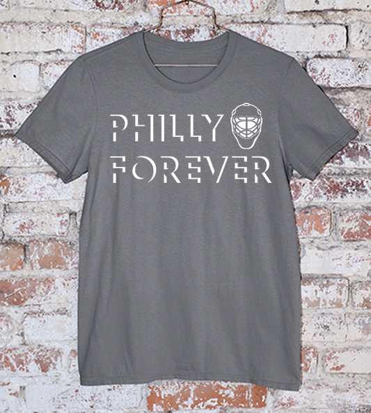 Flyers Philly Forever in white ink on a dark grey tee