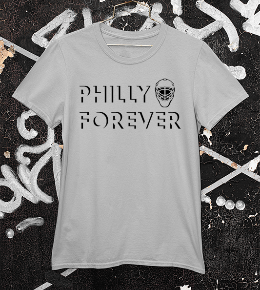 Flyers Philly Forever in black ink on a light grey tee