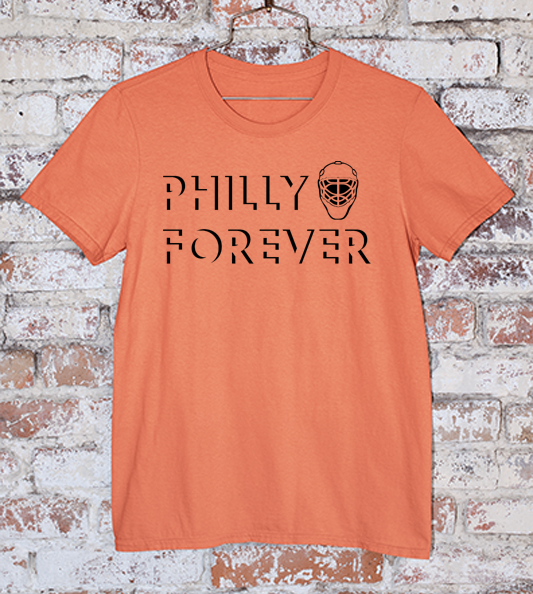 Flyers Philly Forever in black ink on a heather orange tee