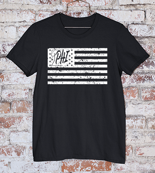 White PHI distressed American flag design on a black t shirt