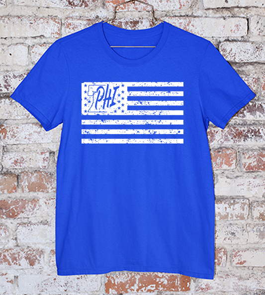 White PHI distressed American flag design on a royal blue t shirt