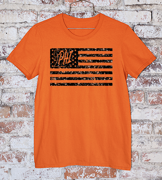 Black PHI distressed American flag design on an orange t shirt