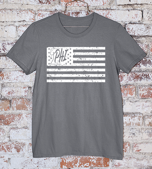 White PHI distressed American flag design on a grey t shirt