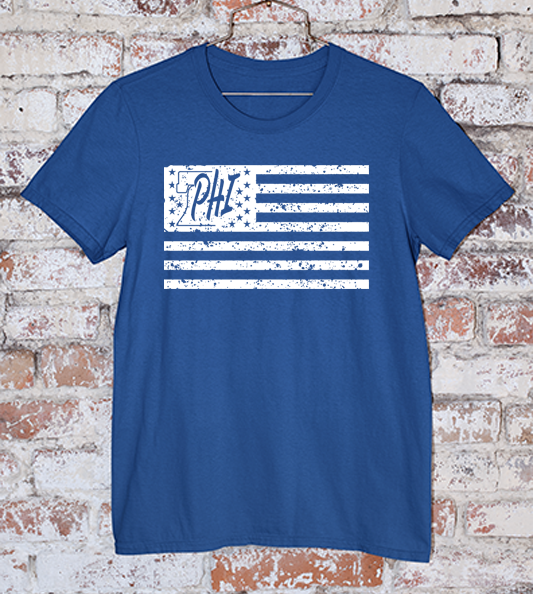 White PHI distressed American flag design on a navy t shirt