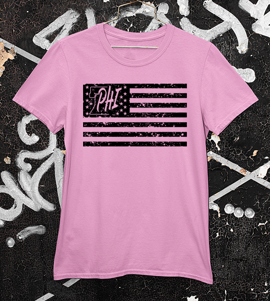 Black PHI distressed American flag design on a pink t shirt