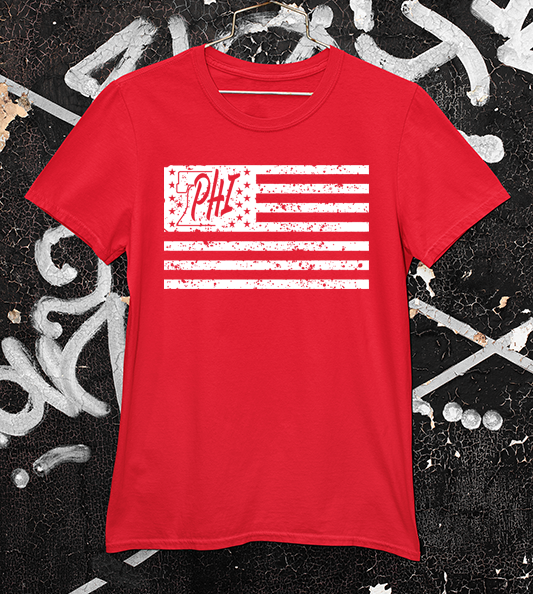 White PHI distressed American flag design on a red t shirt