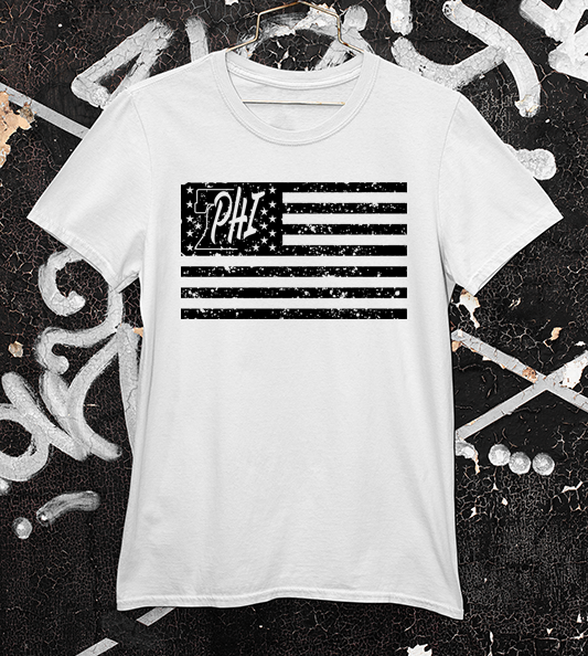 Black PHI distressed American flag design on a white t shirt