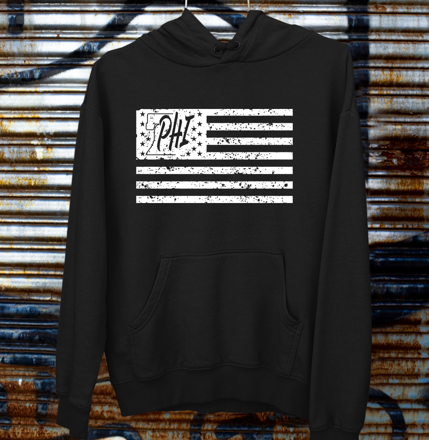 White PHI distressed American flag design on a black t shirt