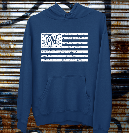 White PHI distressed American flag design on a navy t shirt