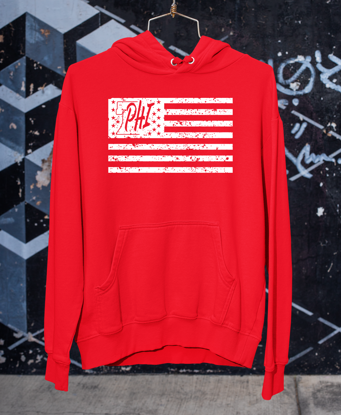 White PHI distressed American flag design on a redt shirt