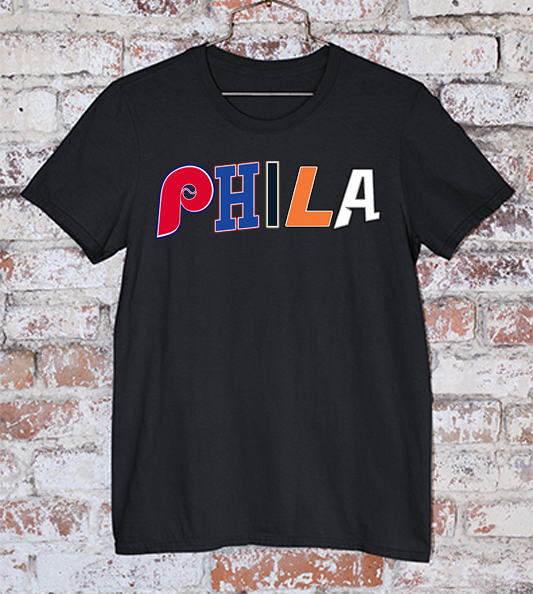 Black Tee With PHILA spelled out in team logos and colors