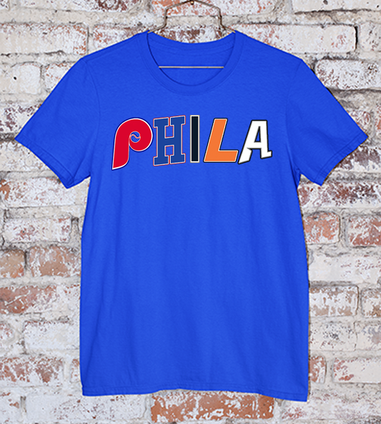 Blue Tee With PHILA spelled out in team logos and colors