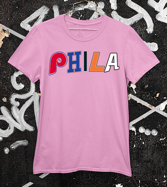 Pink Tee With PHILA spelled out in team logos and colors