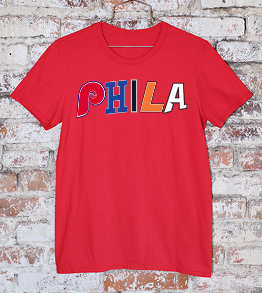 Red Tee With PHILA spelled out in team logos and colors