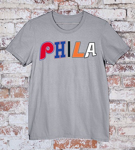 Grey Tee With PHILA spelled out in team logos and colors