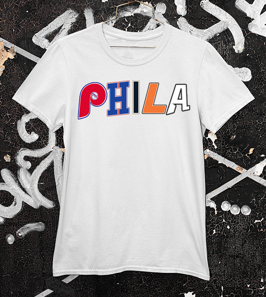 White Tee With PHILA spelled out in team logos and colors