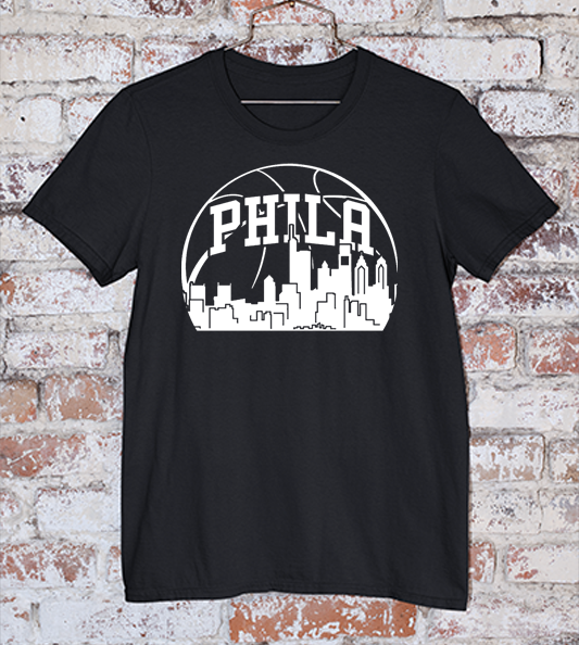 Basketball sunrise over PHILA skyline on a black tee