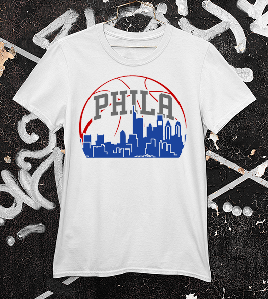 Basketball sunrise over PHILA skyline on a white tee