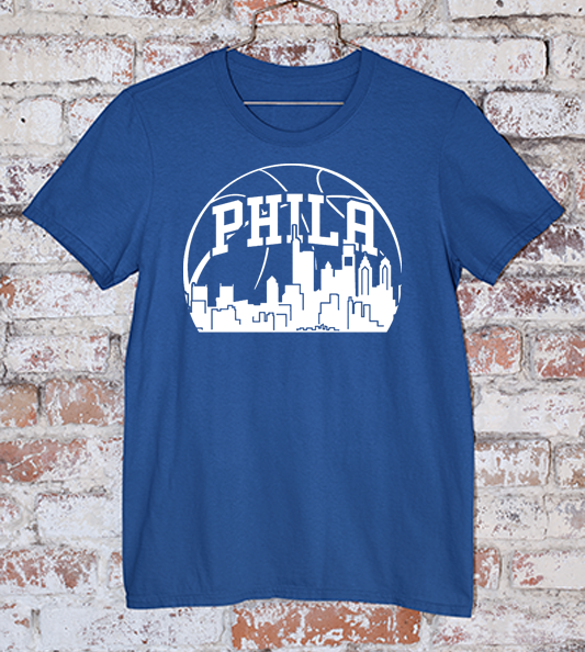 Basketball sunrise over PHILA skyline on a navy tee