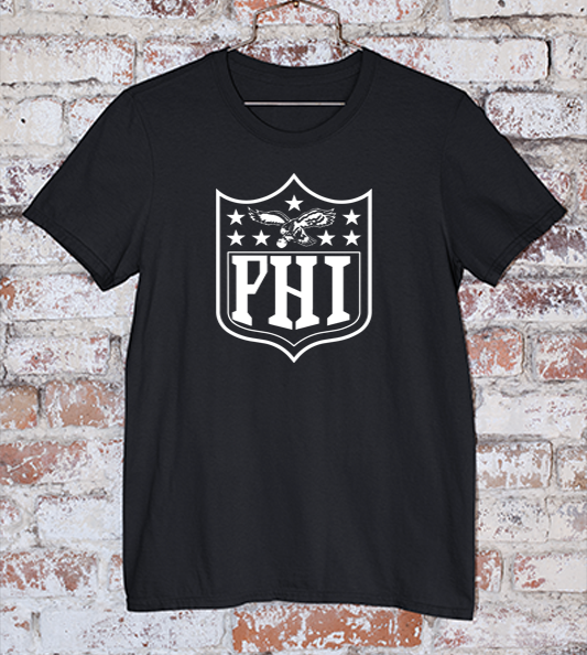 PHI Logo NFL shield on Kelly black t shirt