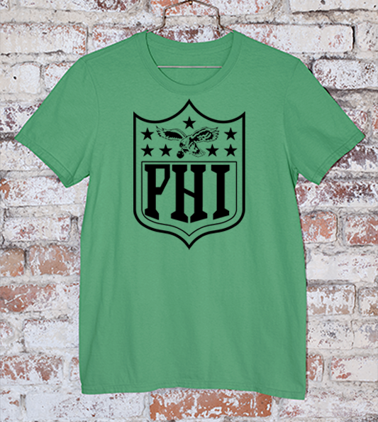 PHI Logo NFL shield on Kelly green t shirt