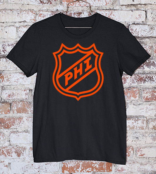 PHI Logo NHL Shield on a black tee