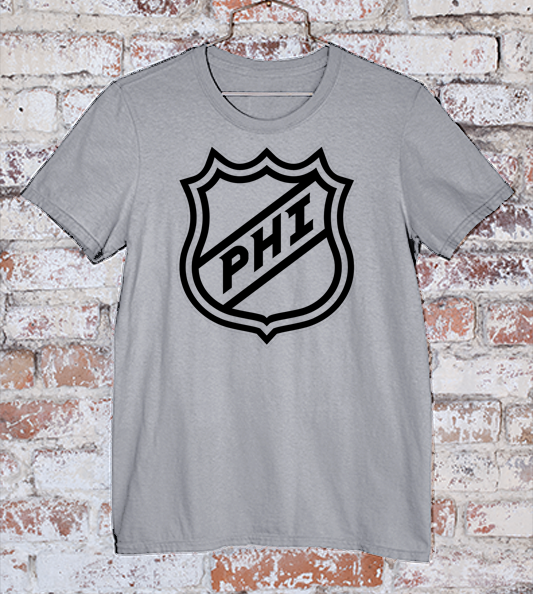 PHI Logo NHL Shield on a light grey tee