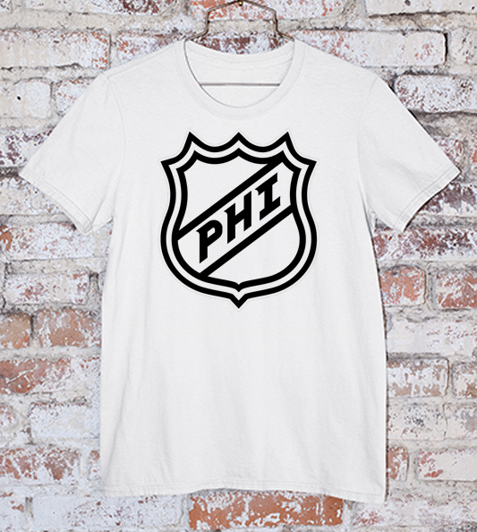 PHI Logo NHL Shield on a white tee