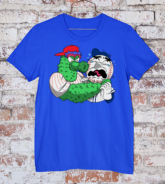 Phillie Phanatic vs Mr Met - royal blue tee