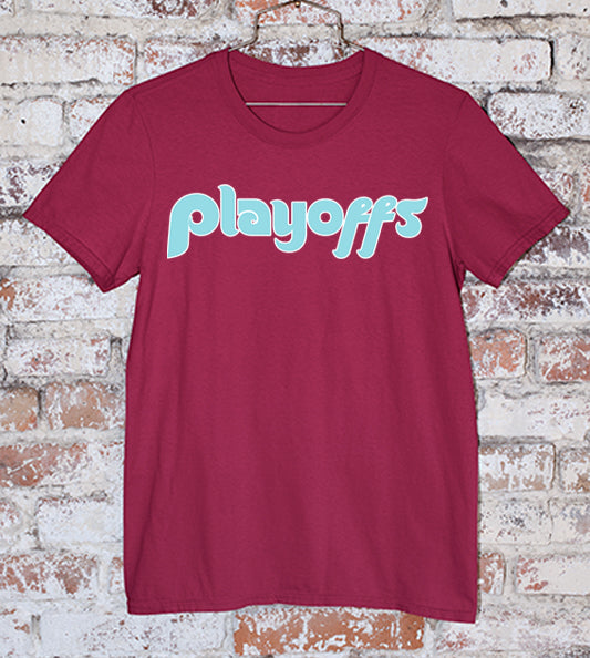 Phillies official playoff t-shirt in maroon with powder blue lettering