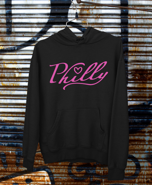 Black Hoodie with Cursive Philly Script Lettering in Hot Pink