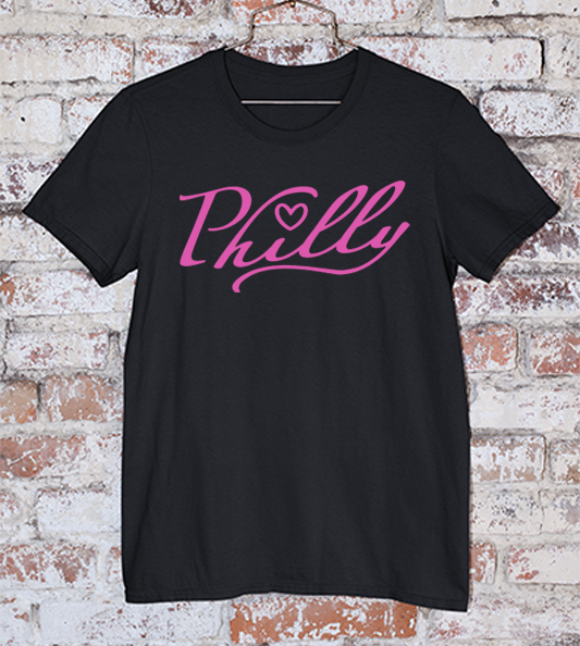 Black Tee shirt with cursive script spelling Philly