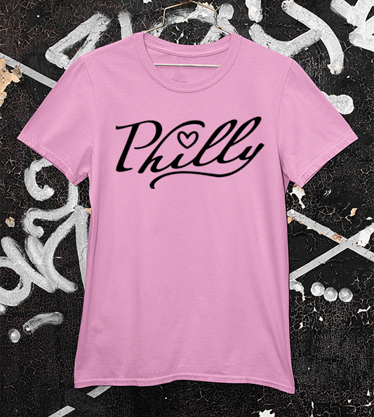 Pink Tee shirt with cursive script spelling Philly