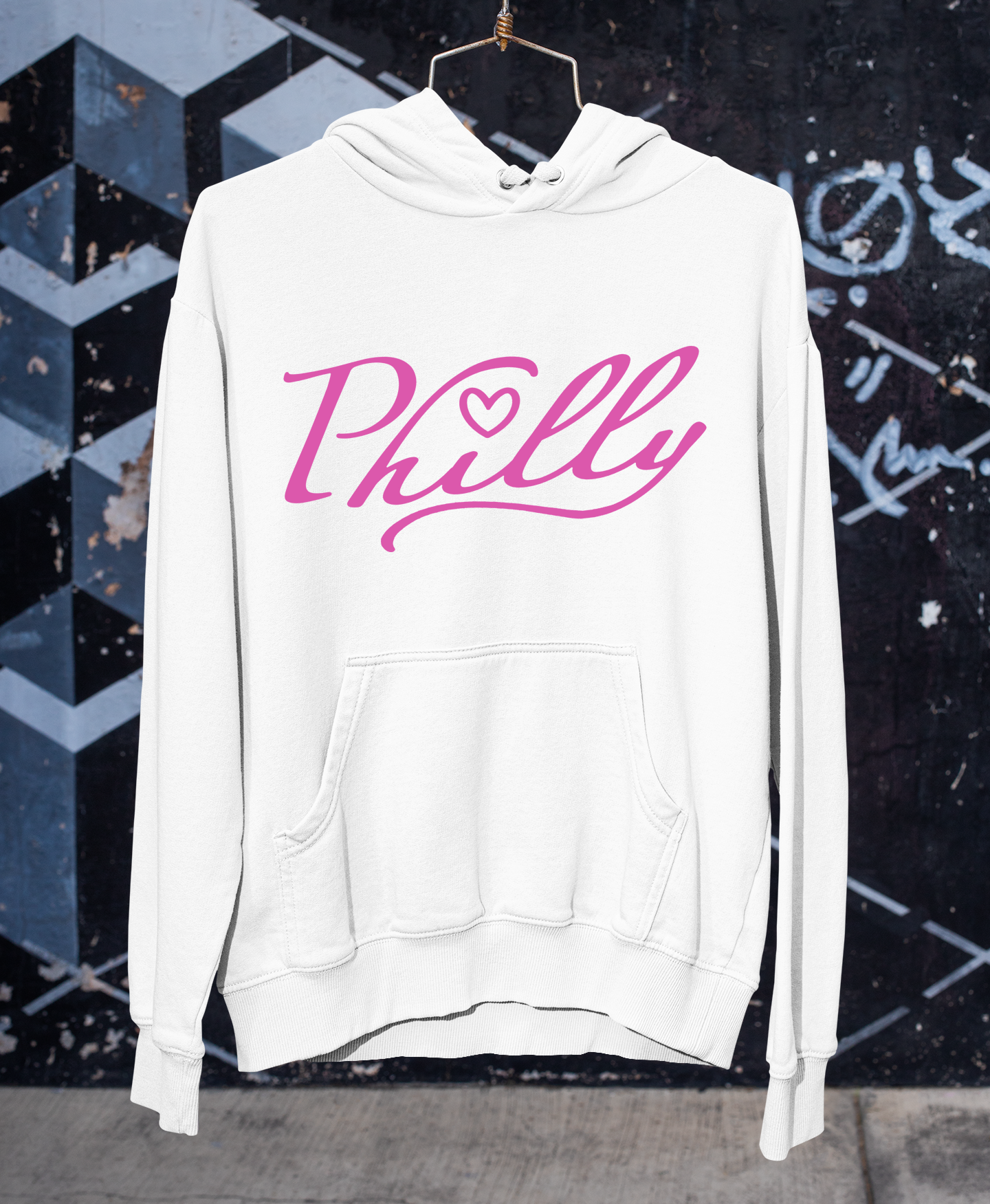 White Hoodie with Cursive Philly Script Lettering in Hot Pink