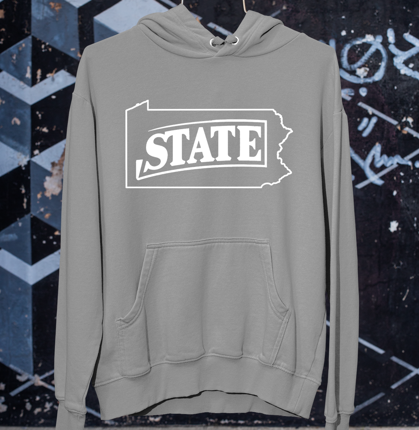 Penn State "STATE" text grey hoodie with Pennsylvania outline