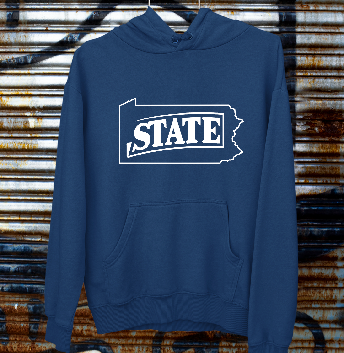 Penn State "STATE" text navy hoodie with Pennsylvania outline