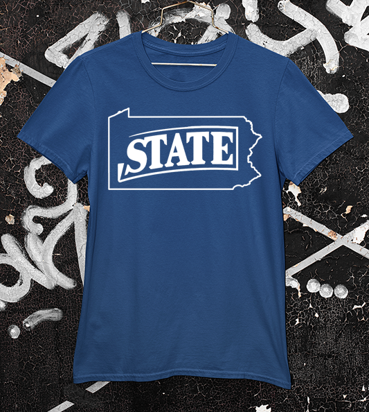 Penn State "STATE" text navy tee with Pennsylvania outline