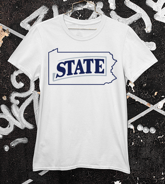 Penn State "STATE" text white tee with Pennsylvania outline