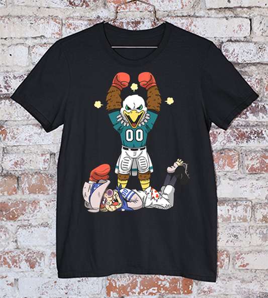 Eagles Mascot Swoop knocking out Rowdy the Cowboy mascot on a black Tee